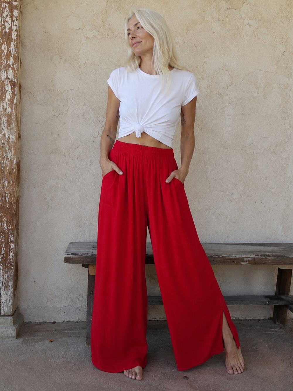 Red Wide Leg Pull On Pants Womens XL Soft Cotton Lagenlook Pockets Lightweight